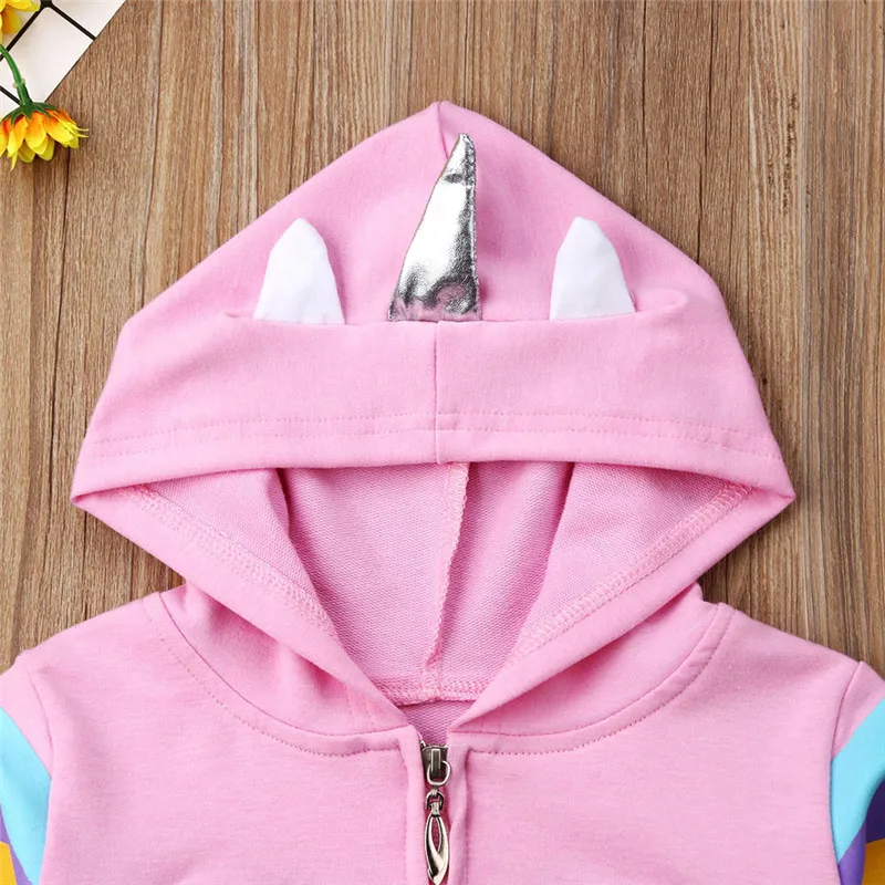 Милые детские весенние розовые топы с капюшоном и единорогом для маленьких