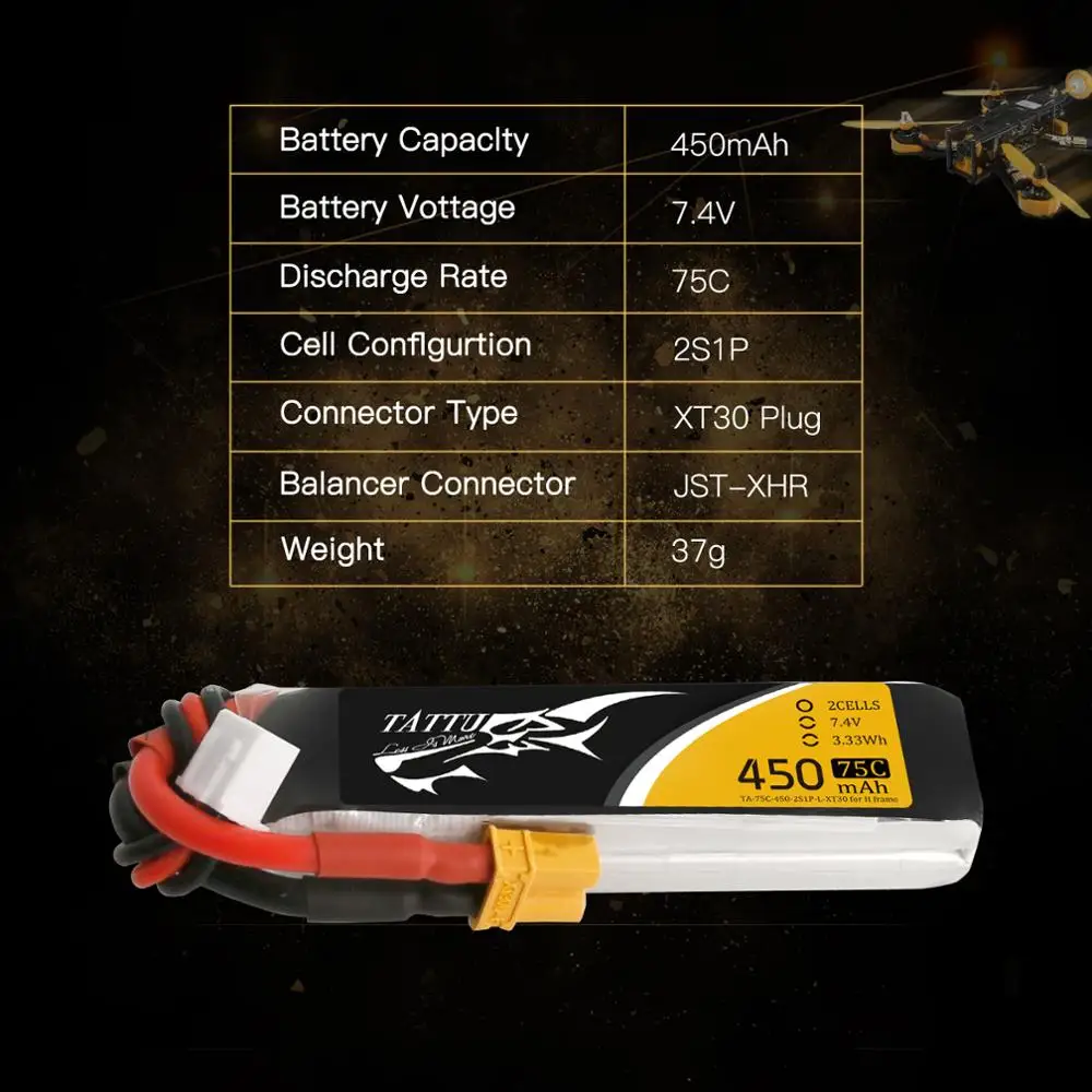 TATTU-bater&iacute;a Lipo 2s 75C RC, 7,4 v, 450mAh, enchufe XT30, para Mini Dron, cuadric&oacute;ptero, UAV, coche, FPV, tama&ntilde;o 120-2