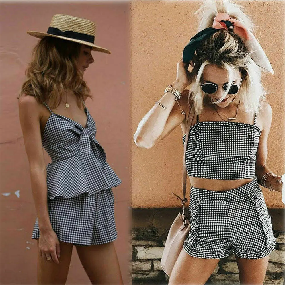 Женский клетчатый комплект из двух предметов топ + шорты облегающие короткие