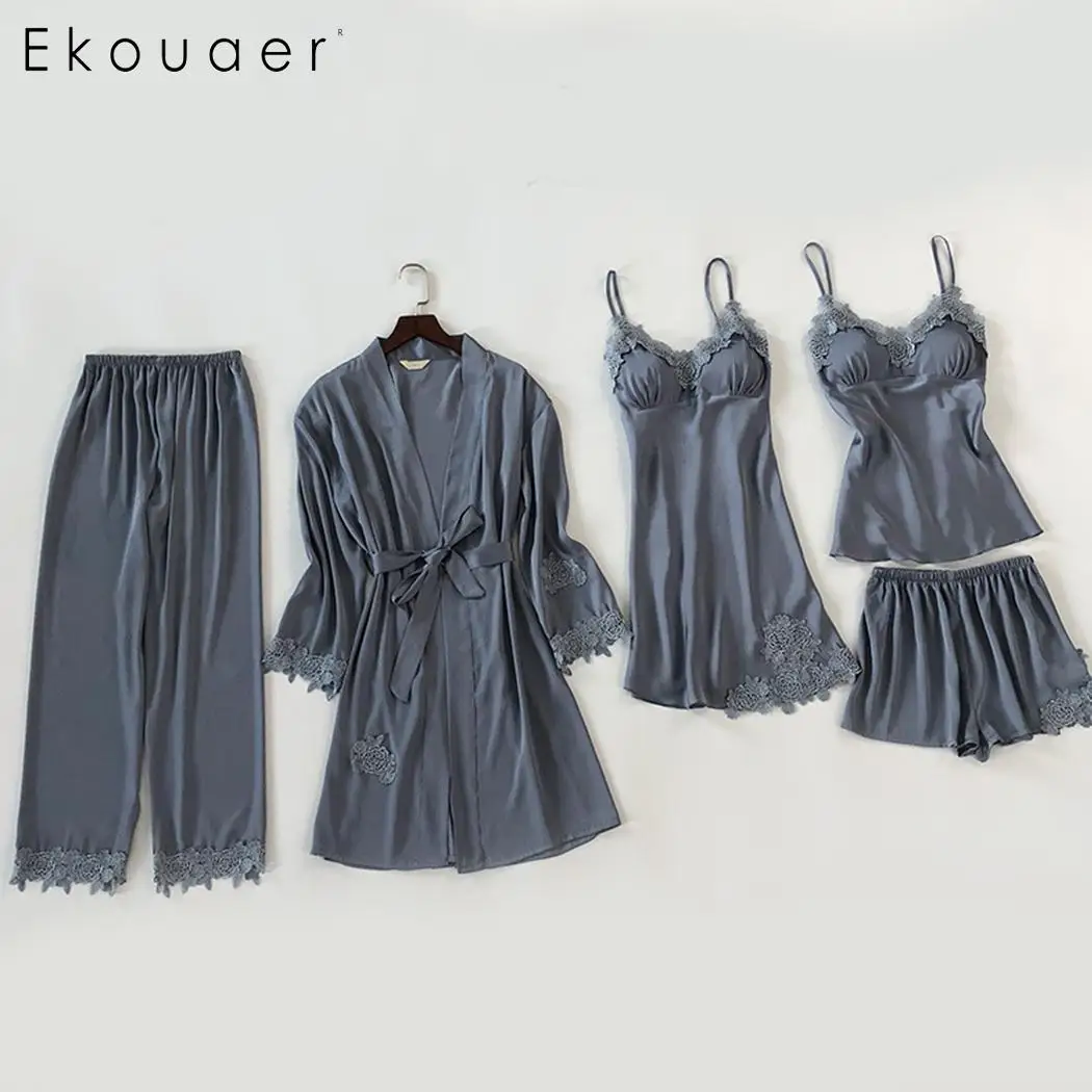 Ekouaer/5 шт./лот Женский пижамный комплект кружевной банный халат и ночная рубашка