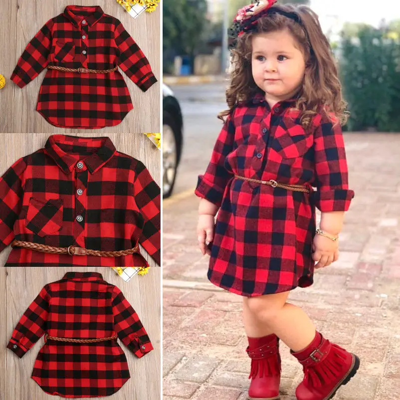 Christmas Dress Baby Girl Clothes Red Plaid Princess Costume + Belt 2pcs Newborn Toddler Kids Winter Spring Outfits 0-5T | Детская