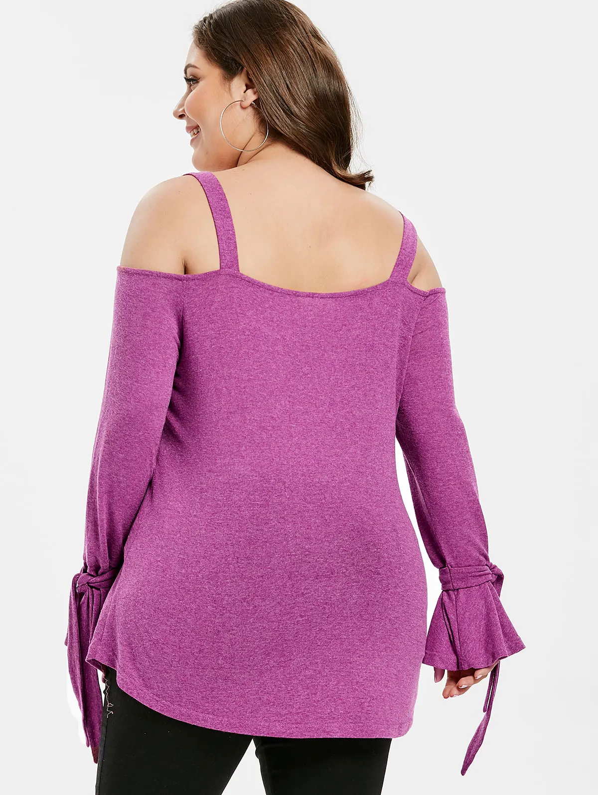 Wipalo Women Plus Size Square Neck Flare Long Sleeve T-Shirt Spaghetti Strap Cold Shoulder Casual Solid Tees Ladies Spring Tops | Женская