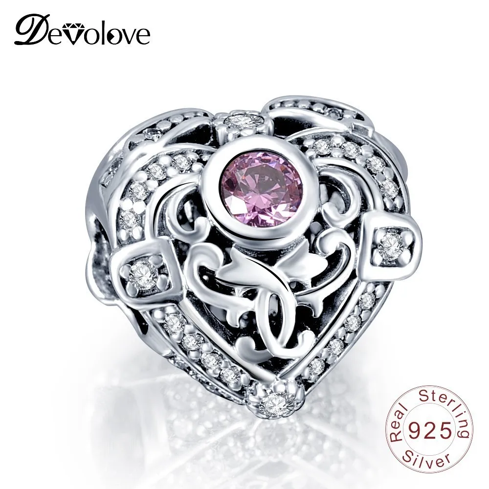 Devolove Розовый CZ Сердце Любовь Шарм бисера Fit Pandora браслет из стерлингового серебра