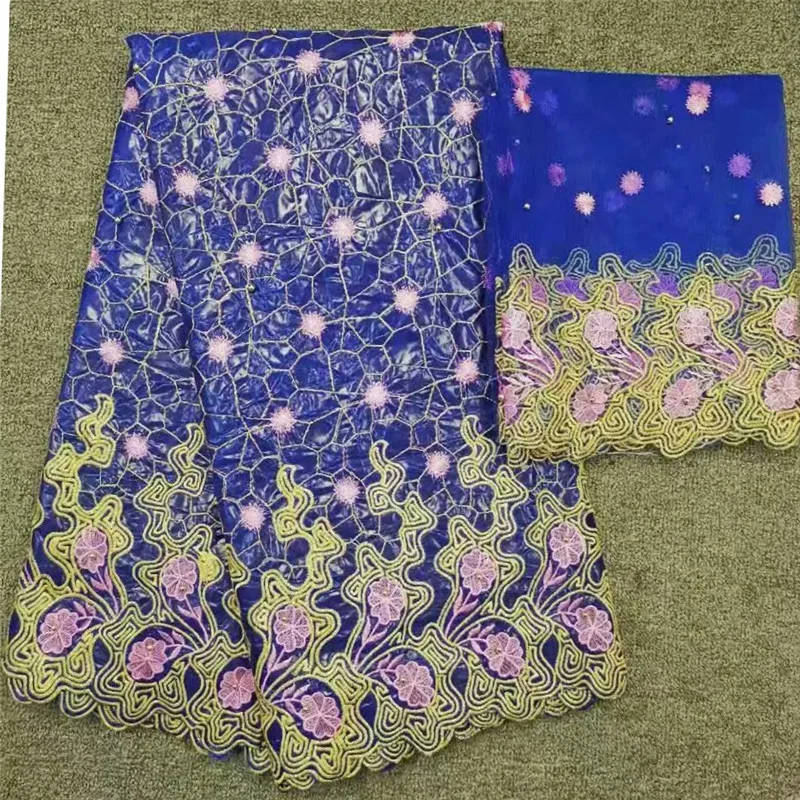 

Beautiful golden-green pattern 5 yards Satin Fabric and 2 yards Net Lace HLB4 Free shipping purple color nice WAX lace Fabric