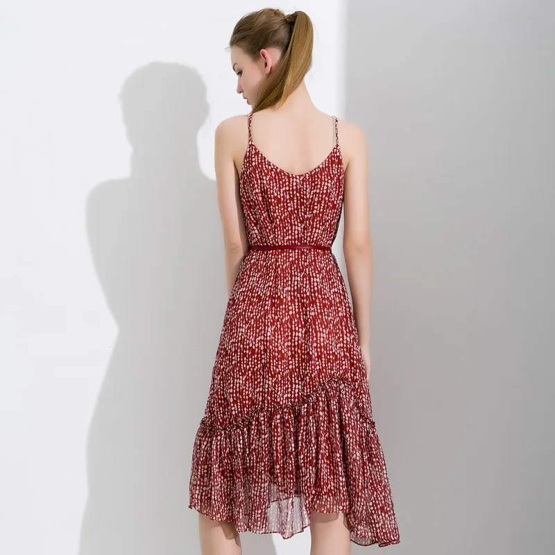 2019 Summer Floral Print Chiffon Women Dress New Style V-neck Spaghetti Strap Knee-length Sleeveless | Женская одежда
