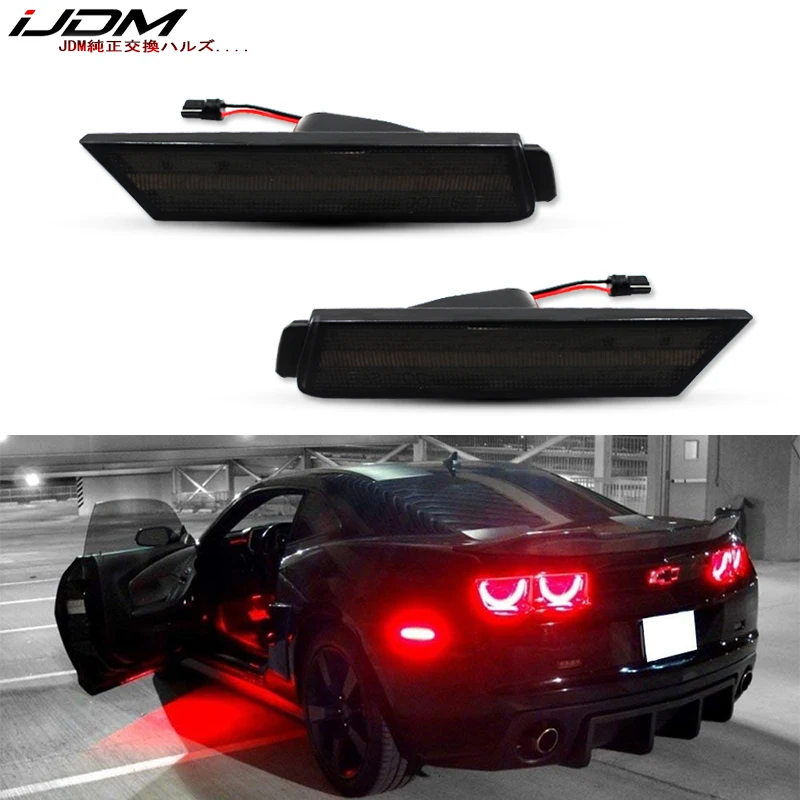 

iJDM 12V Red LED Rear Side Marker Lights For 2010-2015 Chevy Camaro, Smoked LH RH Sidemarkers Powered by 27 Red SMD LED Lights