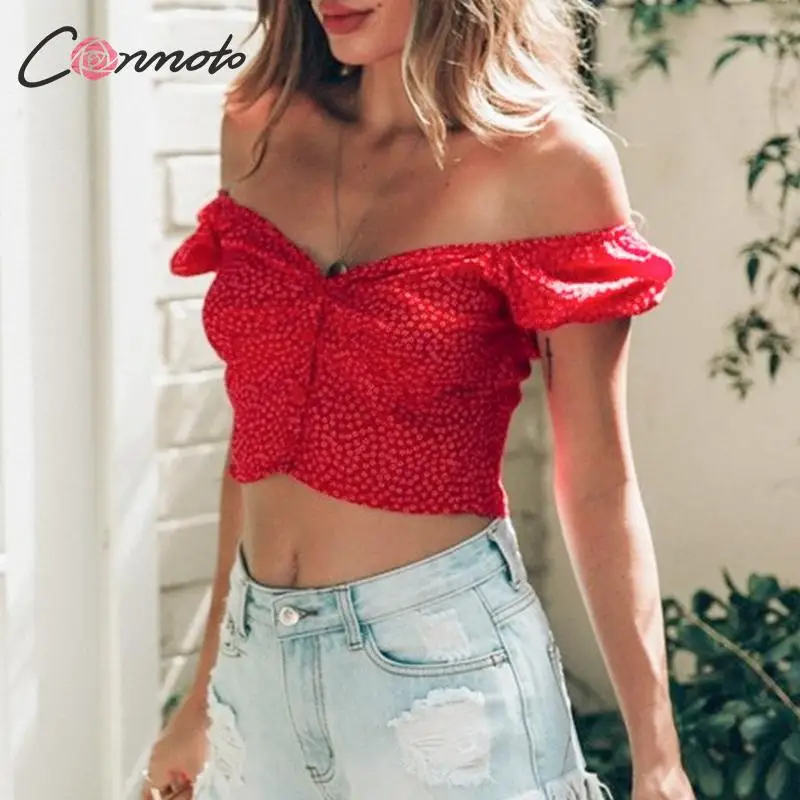 Conmoto Сексуальные красные укороченные топы и блузки с открытыми плечами