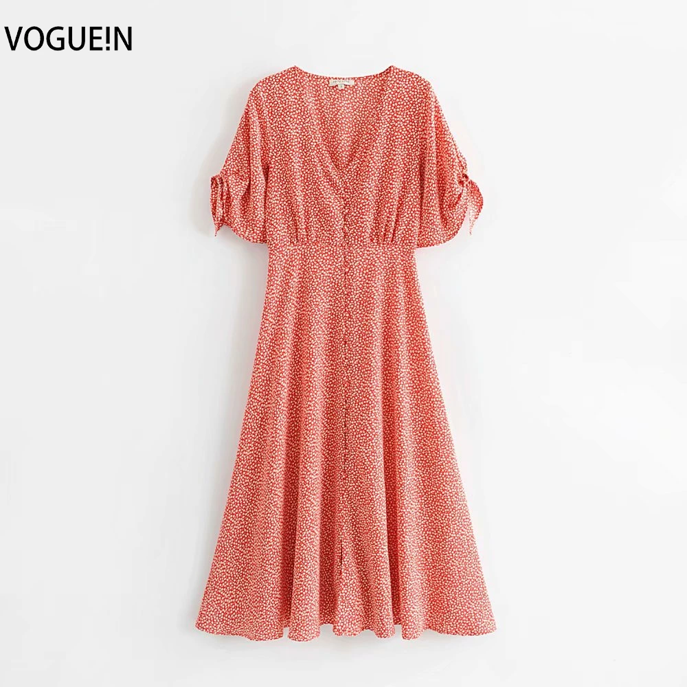 Женское винтажное платье миди VOGUEIN красное с коротким рукавом и v-образным