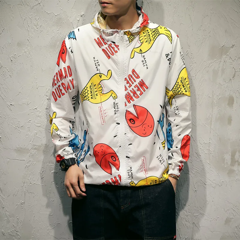 New Cartoon Plus Size 5XL Jackets Camouflage Print Fresh male Big Thin Jacket Men's Coat Doodle Hooded Sunscreen Moletom | Мужская