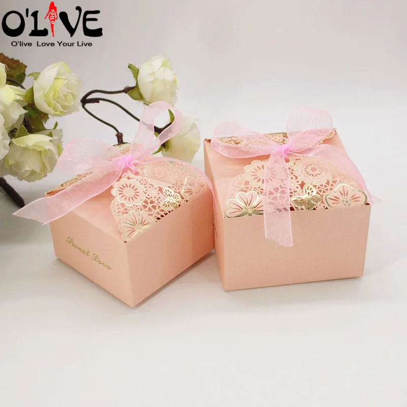 

50 Pcs Pink Laser flower Gift Bag Candy Box Wedding Party Favors Package Birthday Cardboard Boxes Chocolate Bonbonniere Dragees