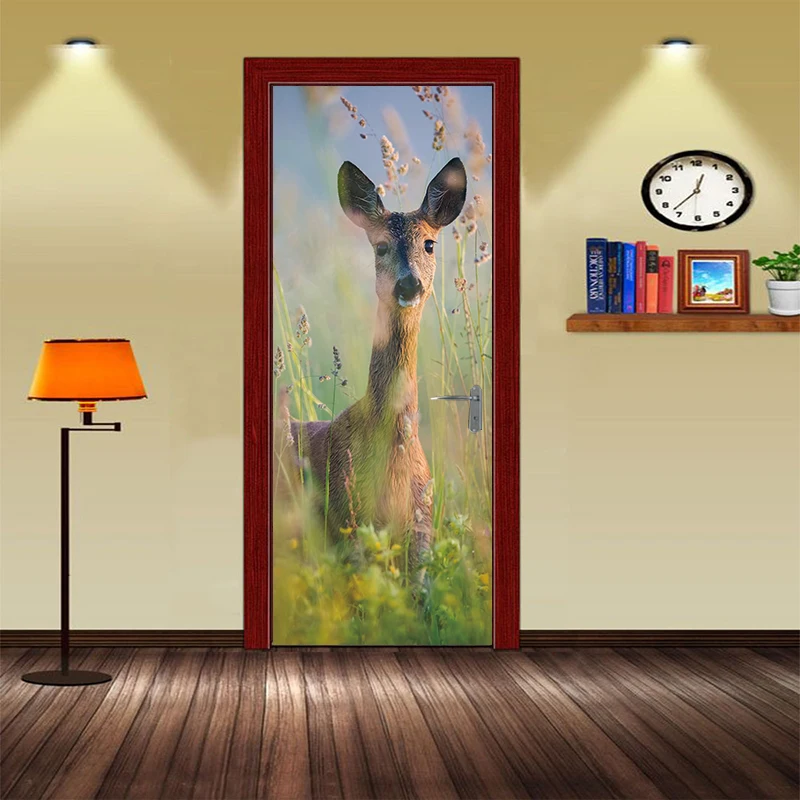 3d Vivid Effect Forest Deer Door Stickers Wallpaper Animal Wall Decals Poster Mural Living Room Bedroom Home Decor | Дом и сад