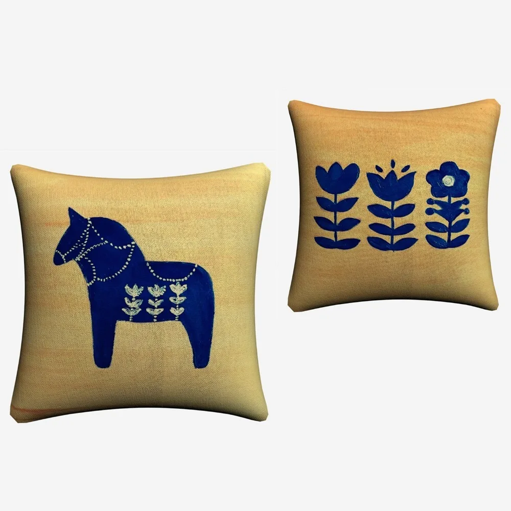 Simple Blue Horse Little Flowers Art Decorative Pillow Cover For Sofa Home Decor Linen Cushion Case 45x45cm Throw Cases | Дом и сад