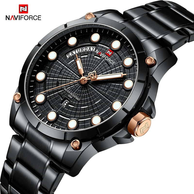 NAVIFORCE мужские модные спортивные часы из натуральной нержавеющей стали кварцевые