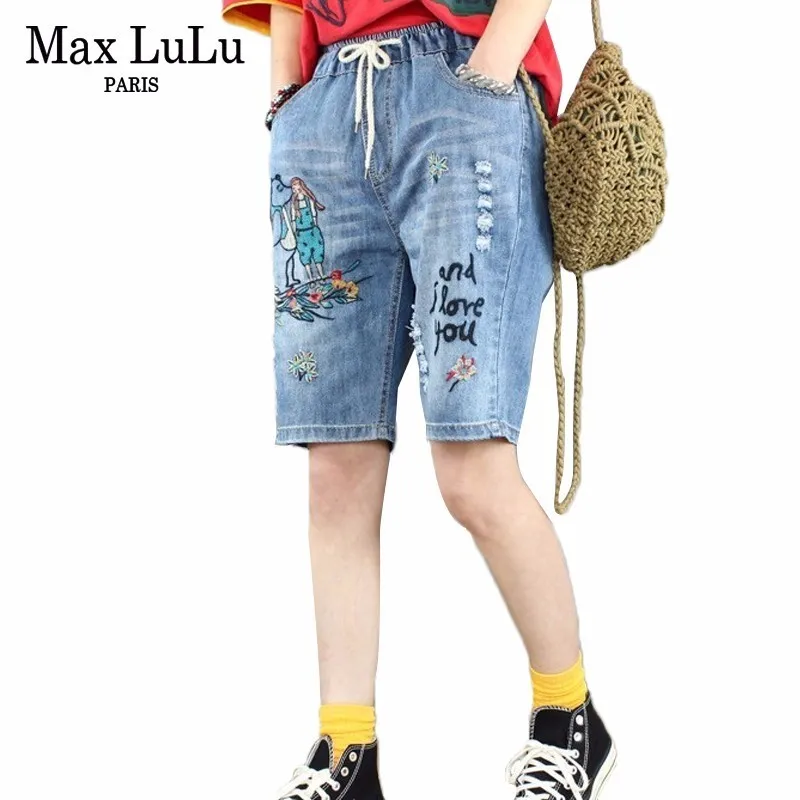 Max LuLu 2019 летние Роскошные корейские женские джинсовые брюки с дырками синие