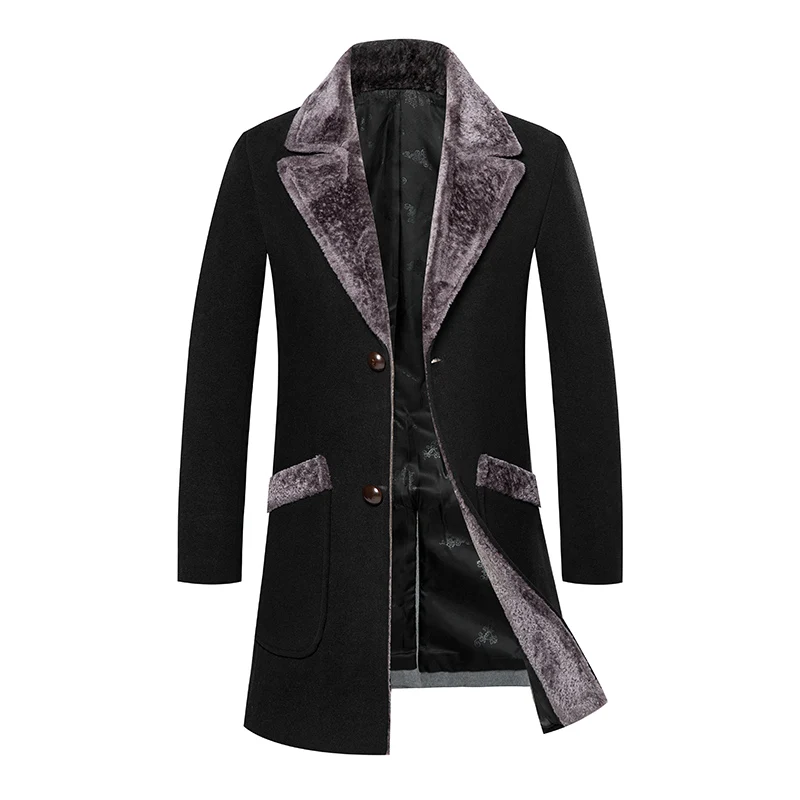 

New Arrival Winter Men's Long Woolen Coat Fur Collar Warm Woolen Coats Male Solid Color Slim Casual Windbreaker Jacket 5XL