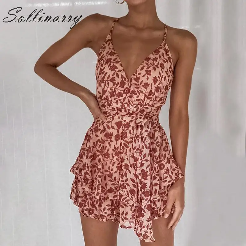 Sollinarry шифоновые женские комбинезоны с открытой спиной Лето 2019 цветочный пляжный