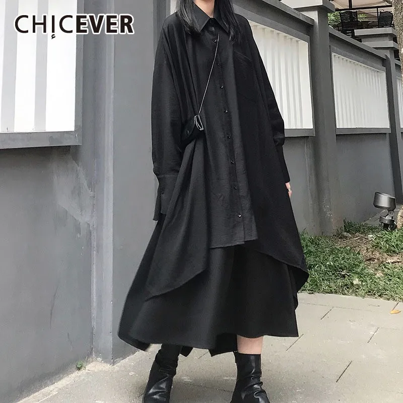 

CHICEVER Summer Casual Solid Black Women Dress Lapel Long Sleeve Button Pockets Asymmetrical Mid Claf Female Dresses 2020 Tide