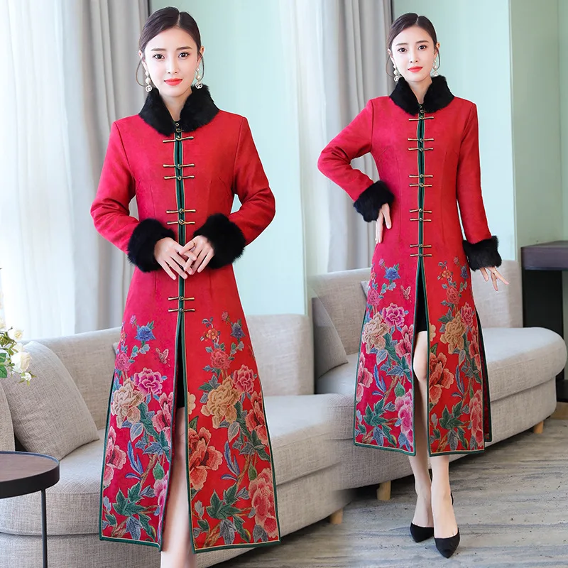 

2018 Winter New Pattern Will Code Long Sleeve Deerskin Villus Long Fund Full Dress Happy The Republic Of China Dress Cheongsam