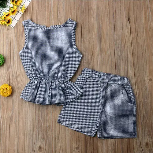 Fashion 2PCS Infant Toddler Clothes Baby Girls Sunsuit Set Plaids Vest Tops T-Shirt+ Shorts Pants Kids Summer Outfit Sets | Детская