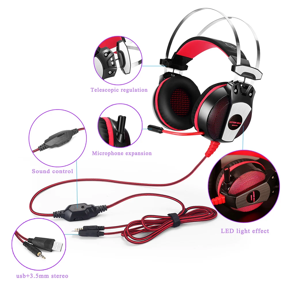 KOTION EACH GS500 Wired Gaming Headsets Headphones with LED Light Microphone Noise Canceling for iPhone Samsung Xiaomi iPad PS4 |
