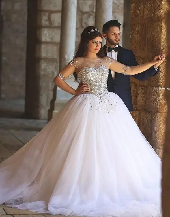 VAMOLASC Luxury Crystal Sweetheart Tulle Ball Gown Wedding Dresses Illusion Long Sleeve Court Train Backless Bridal Gowns | Свадьбы и