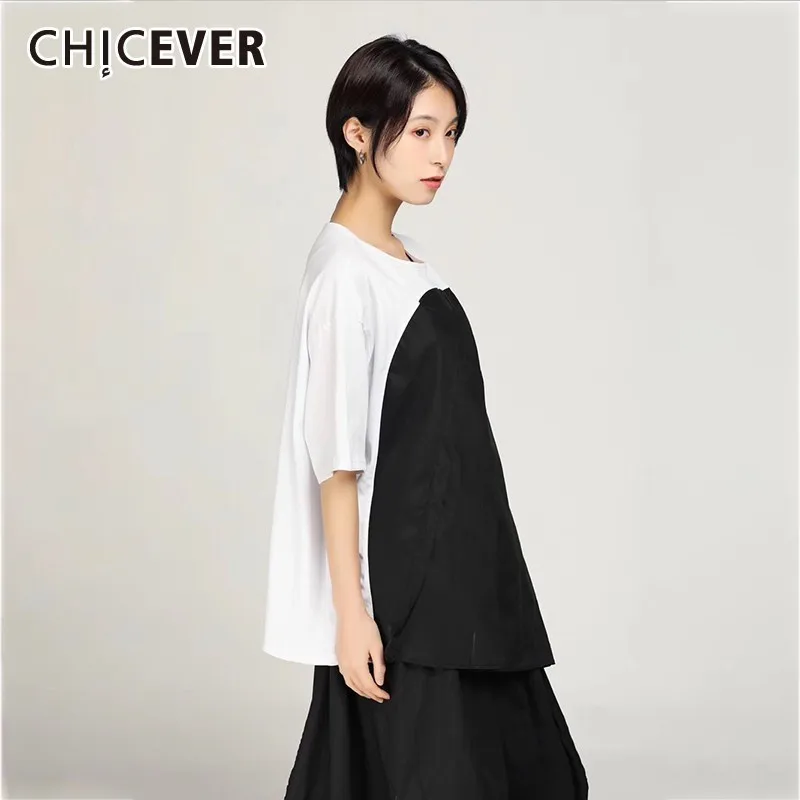 CHICEVER Весенняя женская Лоскутная футболка популярного цвета для женщин с круглым