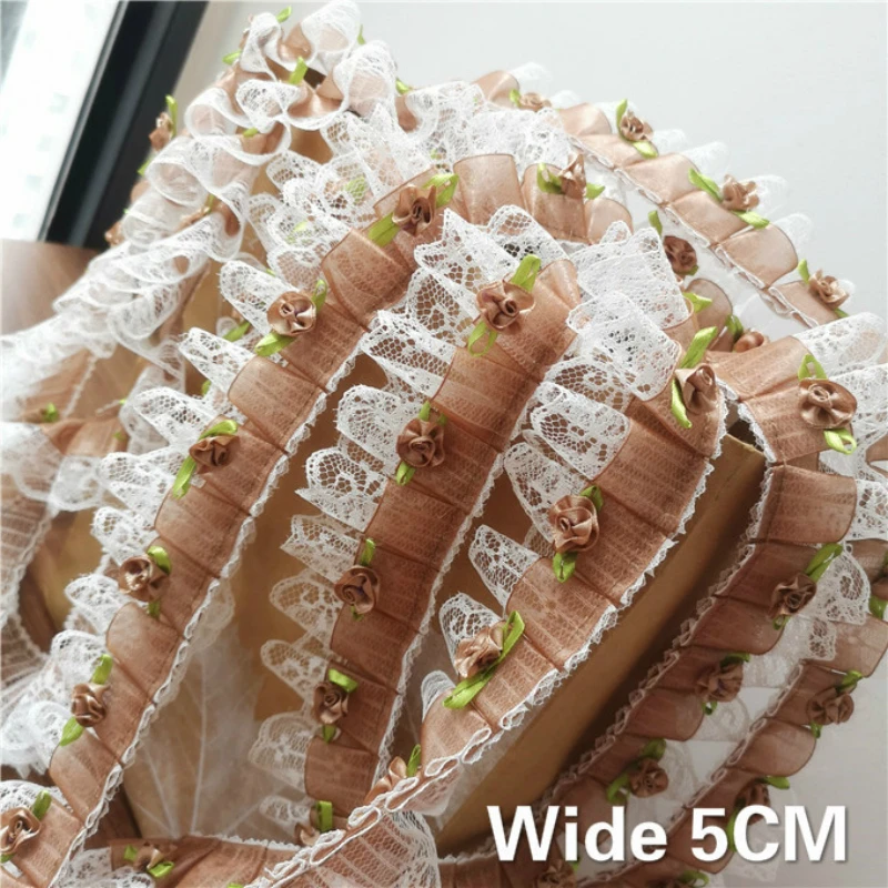 Роскошная кофейная плиссированная шифоновая кружевная ткань с 3D эффектом 5 см |
