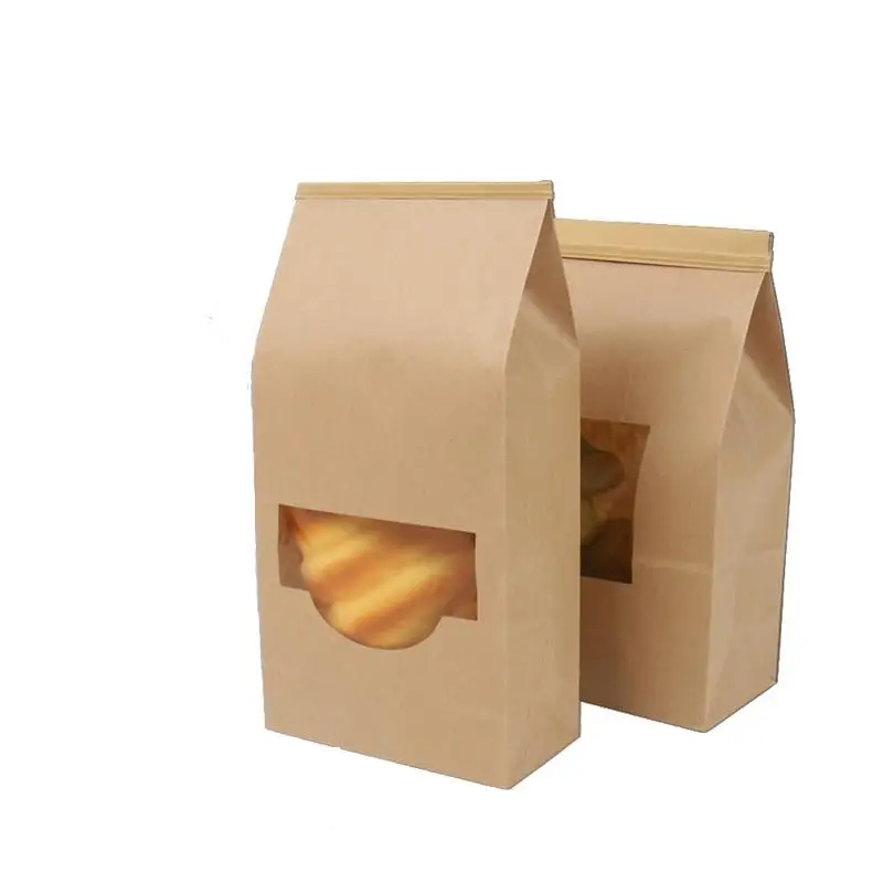 Мешок для выпечки с окном Resealable крафт Бумага сумки ланча хлеб печенье