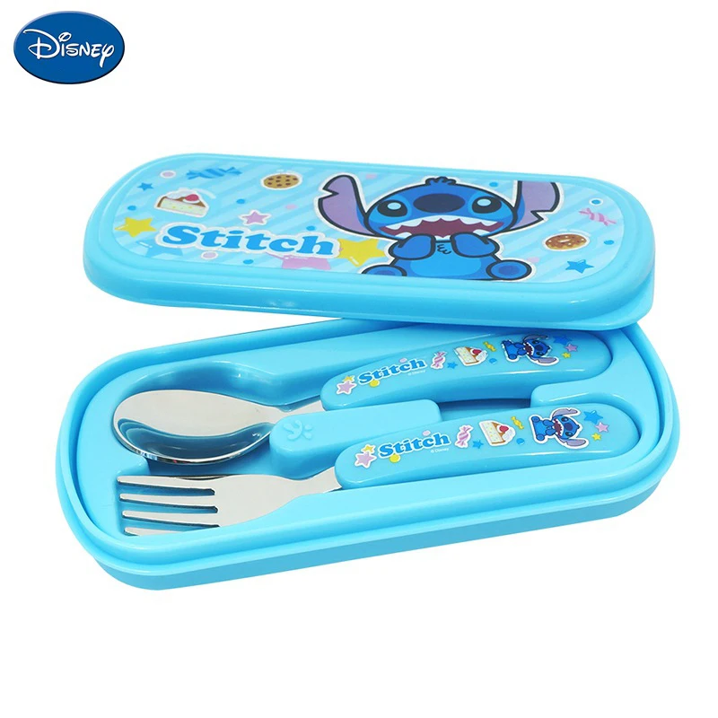 Disney Creative Kids Cartoon Cutlery Birthday Gifts Mickey Minnie Stitch Spoon Fork Cutlery Box Set Stitch Cartoon Utensils