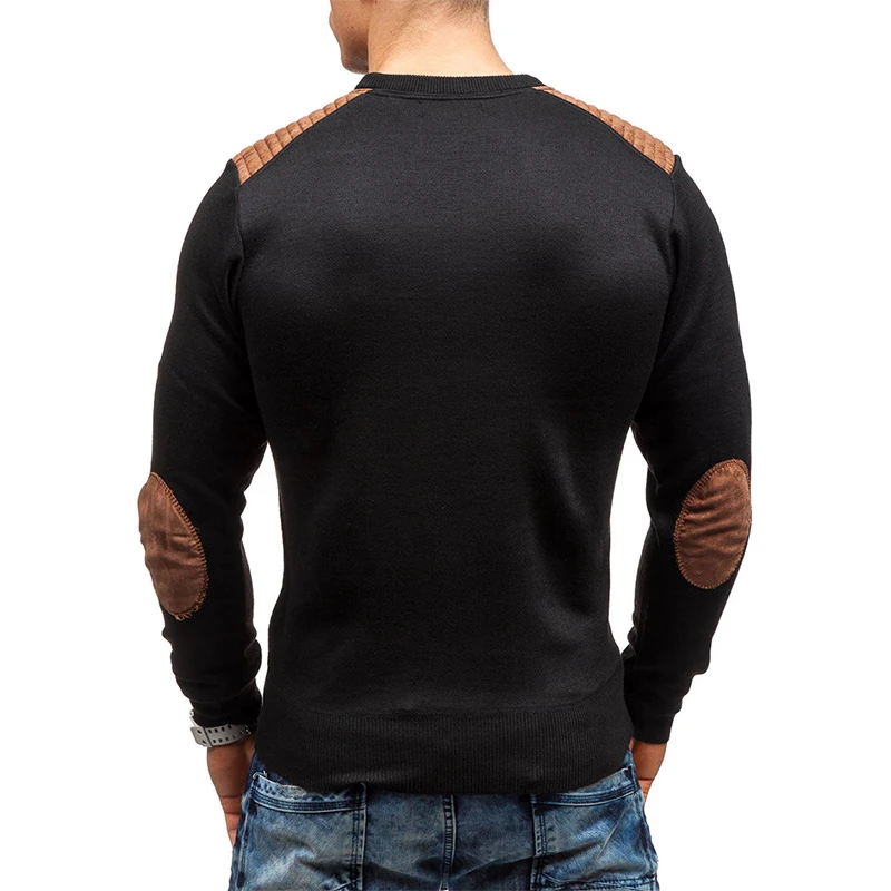 

Pullover Men Autumn Casual Sweater Men Fashion Patch Round Neck Elastic Quality Knitted Brand Male Sweaters Plus Size Black