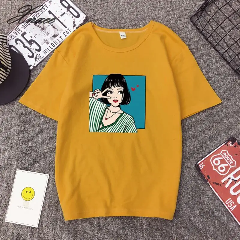 

Cartoon printing Blouse 2020 Summer casual short-sleeve simple Female Women Shirts Korean style Plus Size female clothes