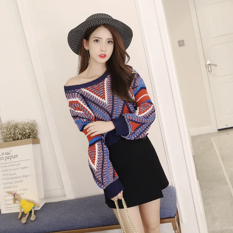 Vefadisa Mixed Color Geometric Pattern Sweater Women Short O-Neck Pullover Lantern Sleeve Jumper Tops ZLD438 | Женская одежда