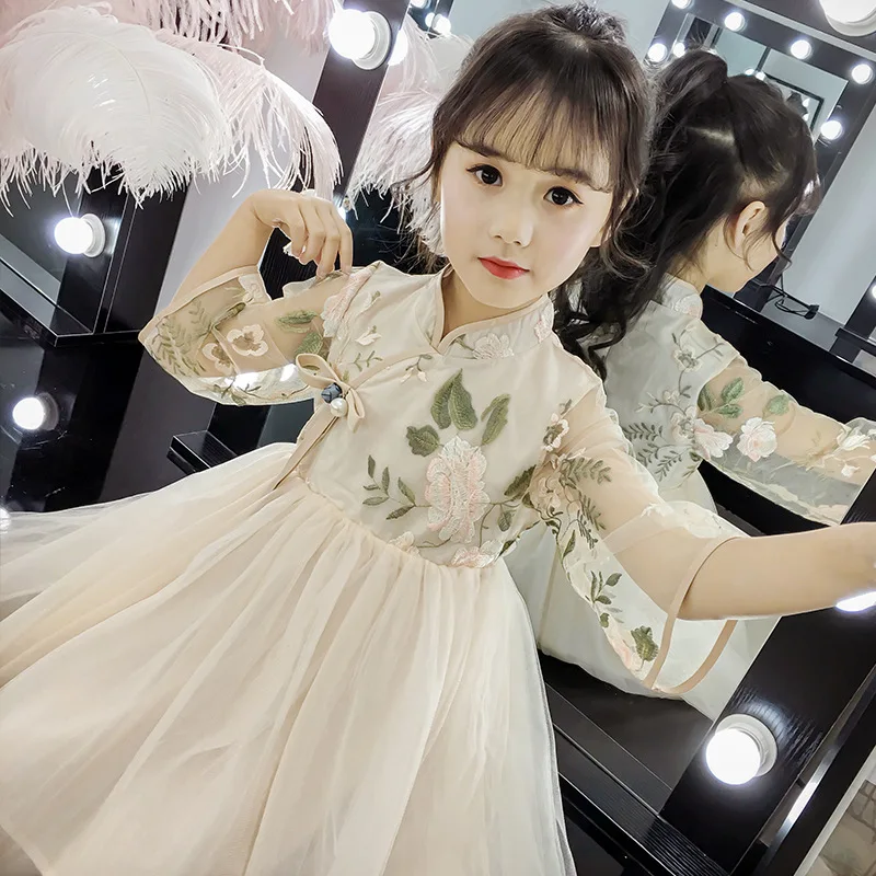 embroidered flowers china Cheongsam 2019 tang hanfu children traditional ancient folk costume age for 4 - 14 yrs kids lace qipao | Детская