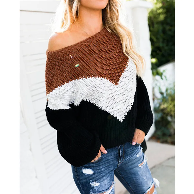 Fashion Women Sweater Color patchwork Knitted long sleeve Loose Ladies Autumn Winter Warm Tops Pullover Jumper Sweaters female | Женская