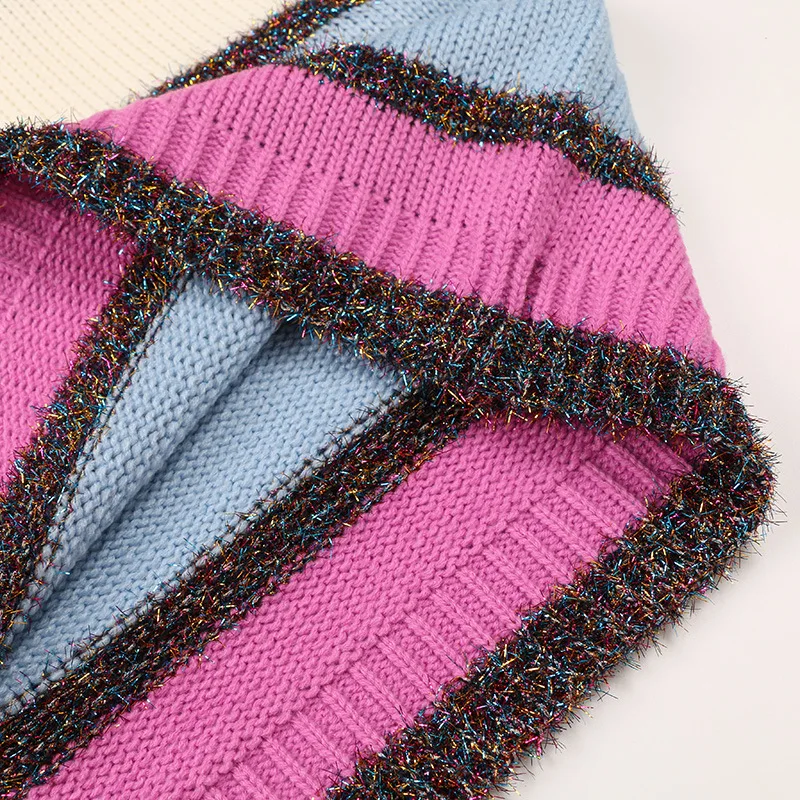 2019 new Autumn Winter Women's Knitted Sweater V-neck Long Sleeve Lace Up Striped Color Blocking Loose Casual Pullovers Sweaters | Женская
