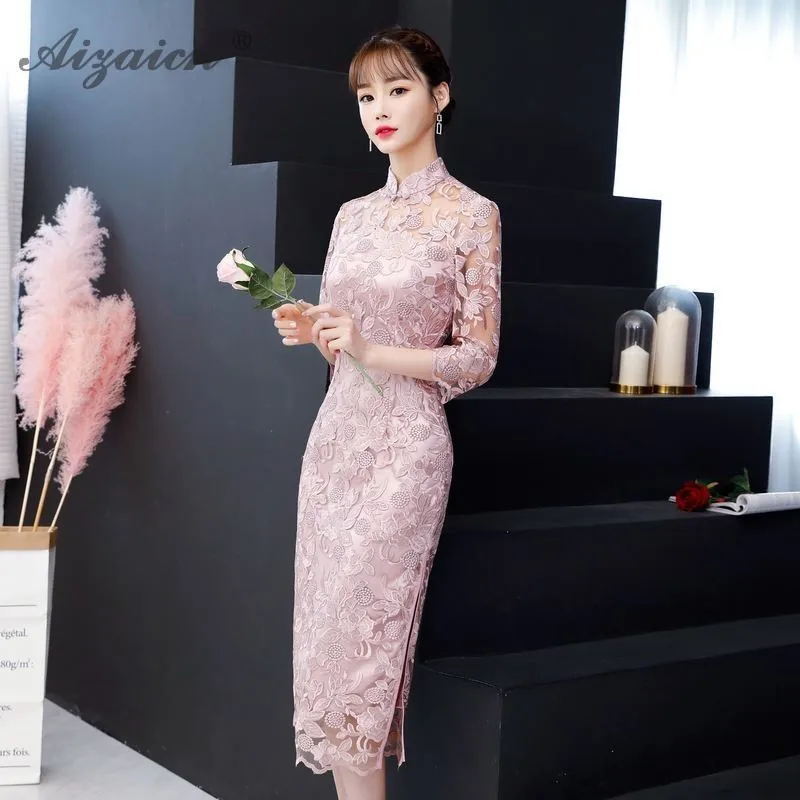 Летнее Новое Кружевное платье Cheongsam с вышивкой современное сексуальное Qi Pao