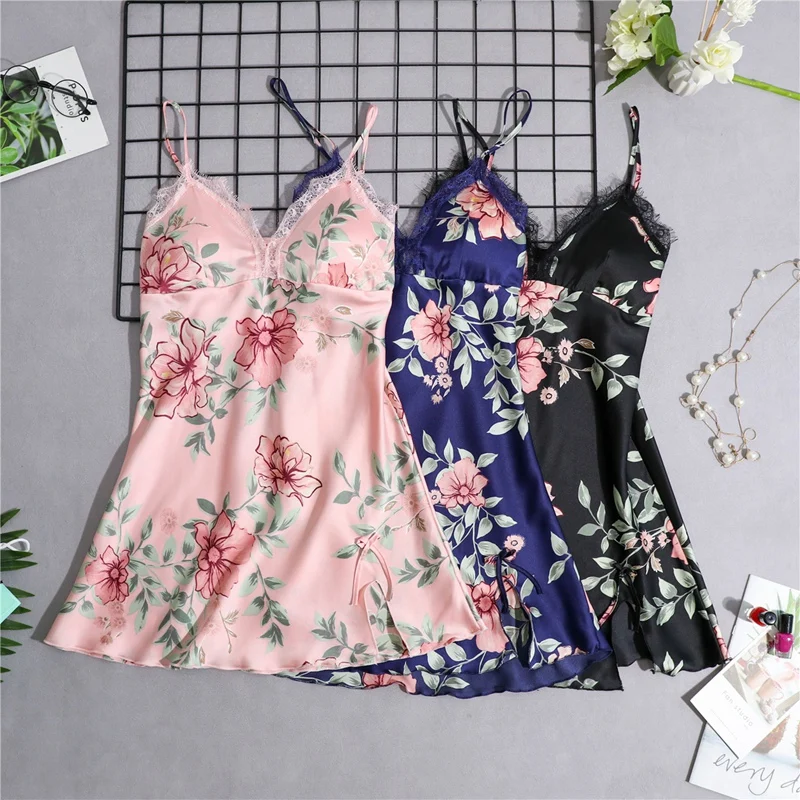 Nightdress Sexy Lingerie Lace Dress Female Nightgown Sleepwear Spandex print flower night gown sexy sleepshirts Nightie Women | Женская