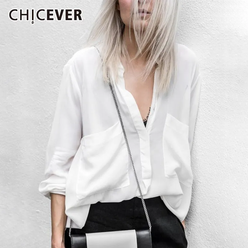 Женская блузка CHICEVER белая Свободная рубашка с длинным рукавом и карманами на