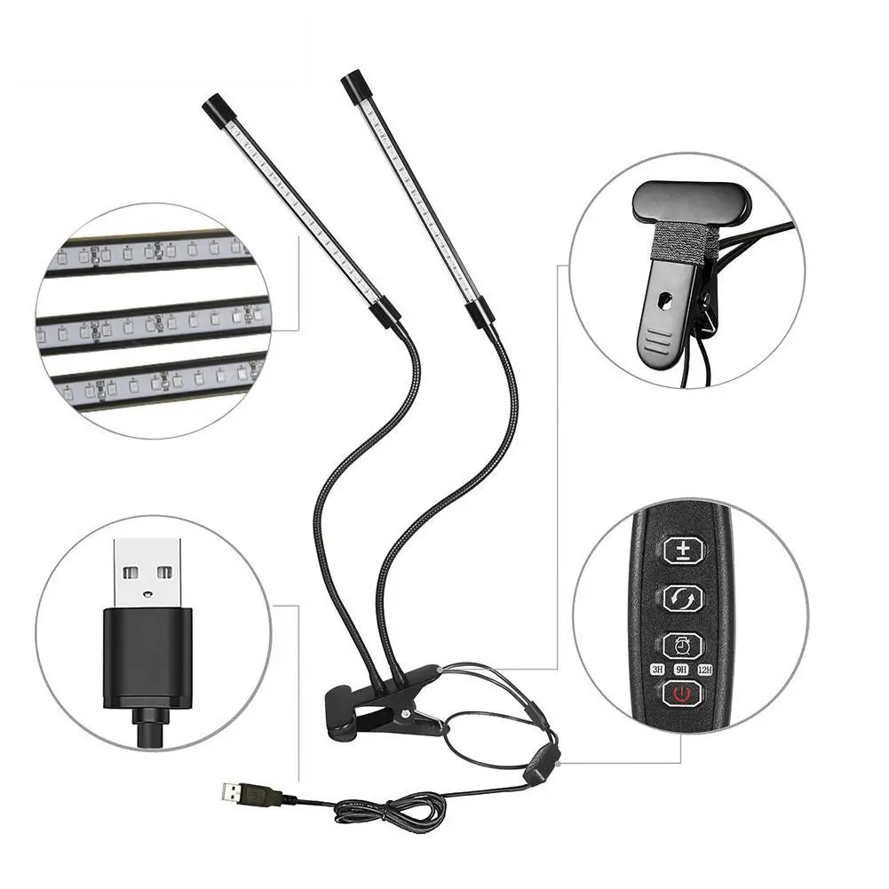 

360Flexible 30W Dual Head LED Grow Light 3 Time Modes Function Dimmable Full Spectrum Lamp Clip for Desktop Plants Grow USB Plug
