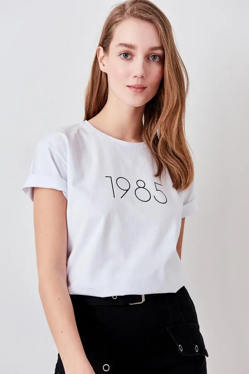 Trendyol белые Базовые Трикотажные футболки с принтом TWOSS19DU0108|Футболки| |