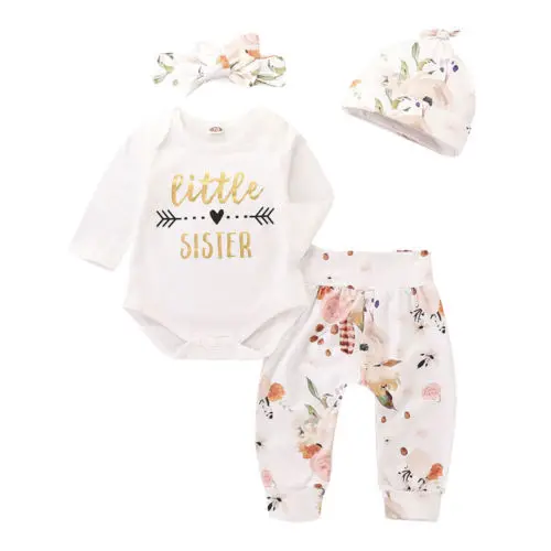 4PCS Brand New Winter Infant Baby Girls Clothes Long Sleeve Letter Print Romper Tops+Floral Pants+Headband+Hat Clothing Sets |