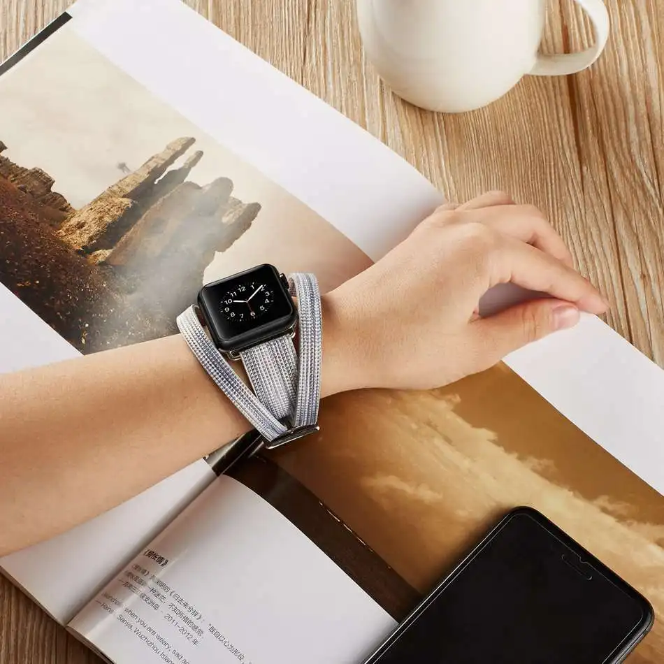 Ремешок кожаный для Apple Watch 4 44 мм 40 двухрядный браслет звездного цвета подходит 3 2