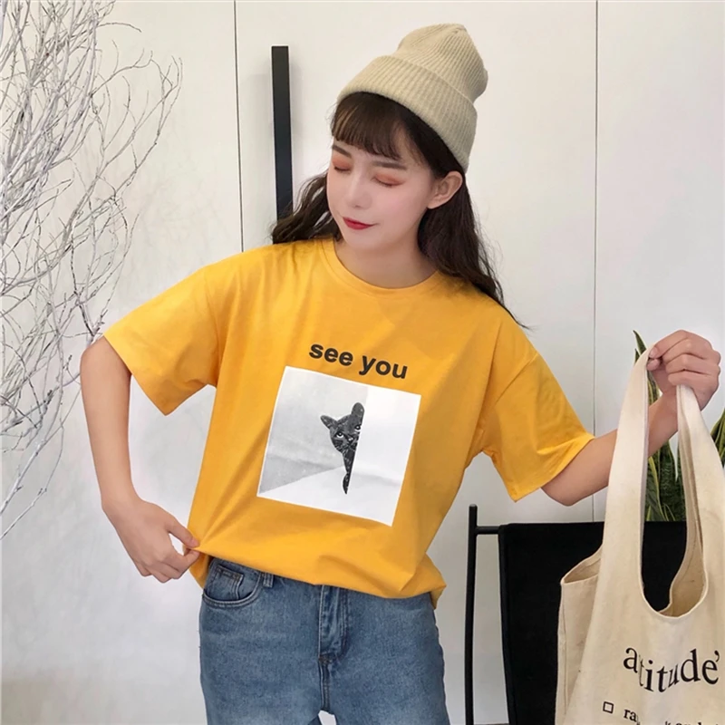 Женские хлопковые футболки Kpop свободные повседневные трикотажные с коротким