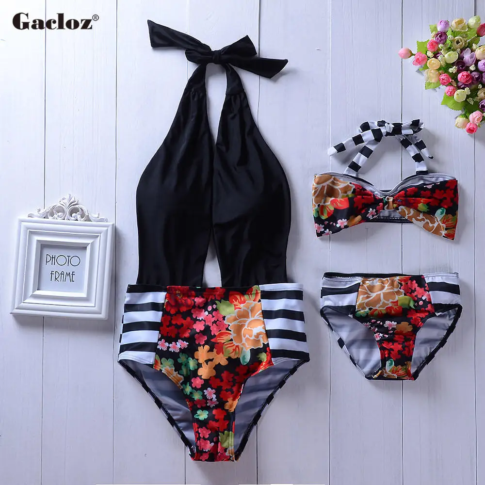 Gacloz Stripe Floral Mother Daughter Swimwear Family look Mommy and Me Bikini Swimsuit Brachwear Matching Clothes Black | Мать и ребенок