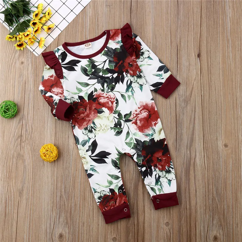 

2019 New Cute Newborn Baby Girls Clothes Floral Print Romper Jumpsuit Long Sleeve Ruffle Patchwork Rompers One-piece Outfit 0-2T