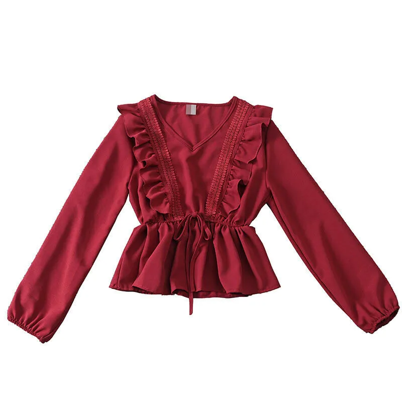 

Fashion Women's Ruffles Blouse 2019 New Spring Autumn Ladies Summer Long Sleeve Shirt Loose Casual Sexy Solid V Neck Blouse Tops