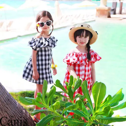 Toddler Check Dress Infant Baby Girl Off Shoulder Plaid Ruffle Princess Tutu Dresses Summer Children Outfit1-6Y | Детская одежда и