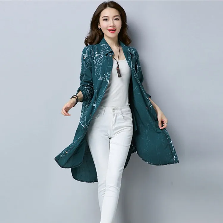 Print Casual Loose Long Blouses Women Sleeve Cotton Linen Shirt Spring Turn-down Collar Thin Tops |
