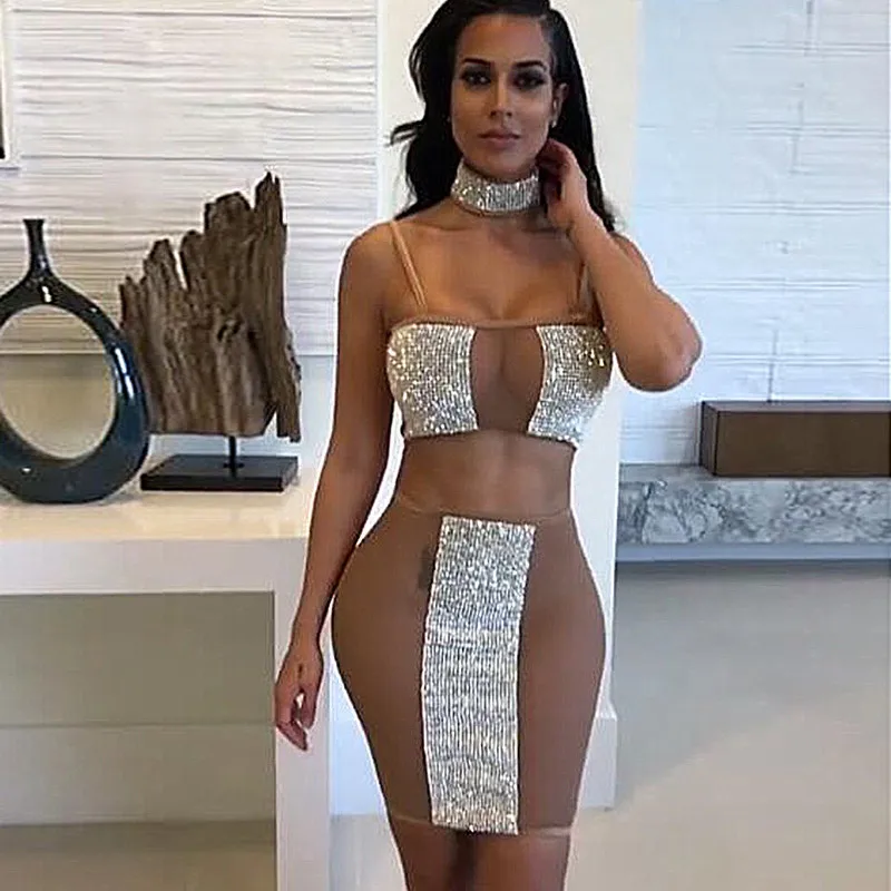 Slaygirl сексуальное платье из двух частей с кристаллами для женщин 2018 мини платья на