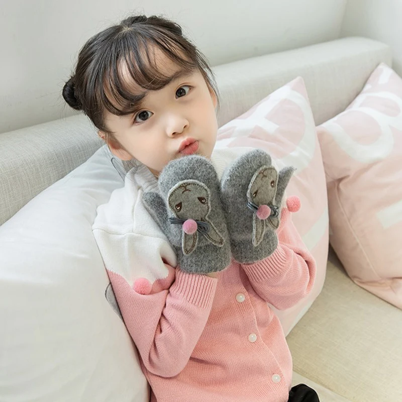 BalleenShiny Cartoon Rabbit Gloves Winter Children Thicken Warm Kids Girls Cute Full Fingers Hair Wool Mittens | Детская одежда и